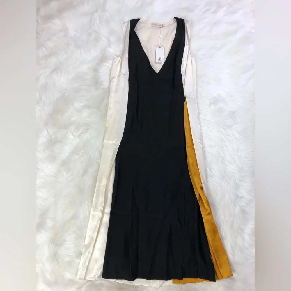 NWT $798 Tory Burch Black Clarice Colorblock Wrap Silk Dress